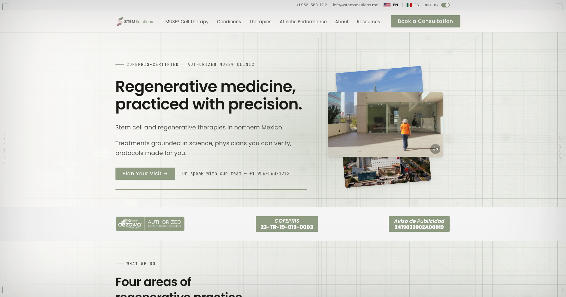 Stem Solutions home page after the rebuild: "Regenerative medicine, practiced with precision."