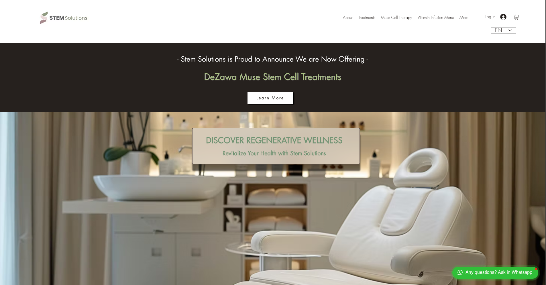 Stem Solutions home page before the rebuild: a stem cell treatments banner over a photo of a treatment room